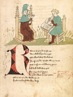 Rudolf von Ems mit einem Schreiber. Detail aus einer mittelalterlichen Handschrift