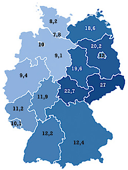 Karte mit den AfD-Wahlergebnissen der Bundestagswahl 2017 nach Bundesländern