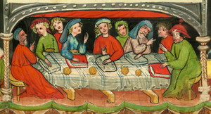 Christen und Juden an einem Tisch. Illustration aus einer mittelalterlichen jüdischen Handschrift